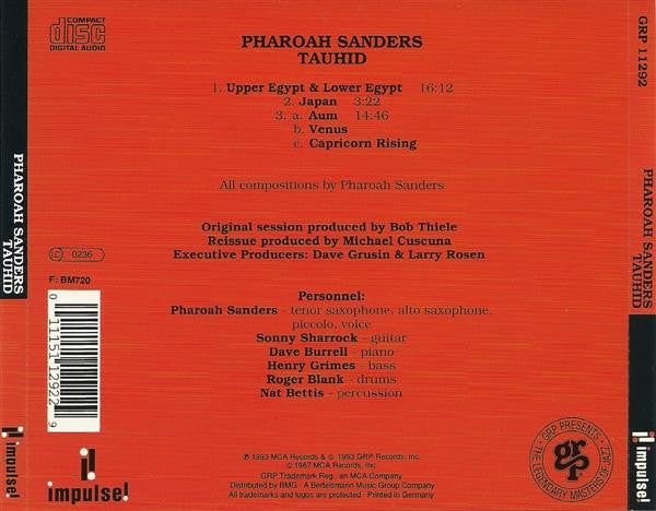 Image of Back Cover of CD - VG+/VG+ - PHAROAH SANDERS, Tauhid (GRP; GRP 11292, Europe 1993 Reissue), , - 3056092S