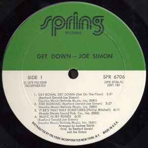 Image of Label Cover of LP - G+/G+ - JOE SIMON, Get Down (Spring Records; SPR-6706, US 1975, Pasteback Sleeve), Mark on Track A1 causing light clicks and on A3 (not affecting play). Wear to sleeve with ringwear., - 2326078E