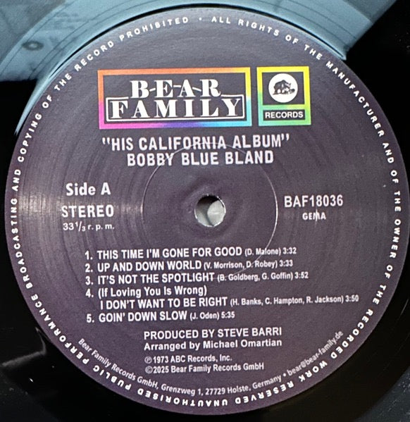 Image of Label Cover of LP - EX/VG+ - BOBBY BLUE BLAND, His California Album (Bear Family Records; BAF18036, Germany 2025 Reissue), Opened Instore, - 2316246C