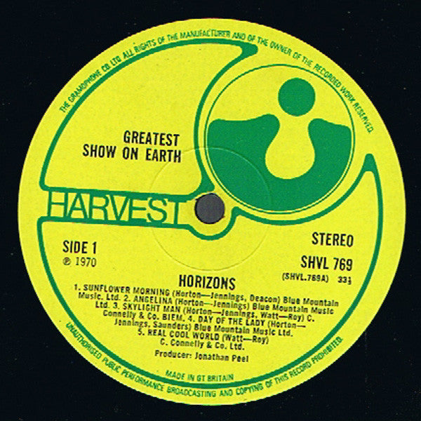Image of Label Cover of LP - VG/G - THE GREATEST SHOW ON EARTH, Horizons (Harvest Green, Gramophone Co On Rim, No EMI Box, ; SHVL 769, UK 1970, Laminated Gatefold Sleeve), Edge Warp - Plays Through, - 2326143E