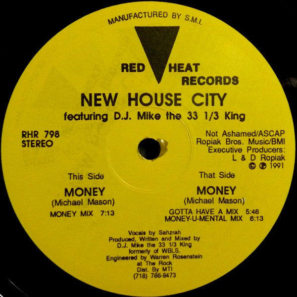 Image of Label Cover of 12" - VG/VG - NEW HOUSE CITY FEATURING D.J. MIKE THE 33 1/3 KING, Money (Red Heat Records; RHR 798, US 1991, Company Sleeve), Light marks only, - 2346191S
