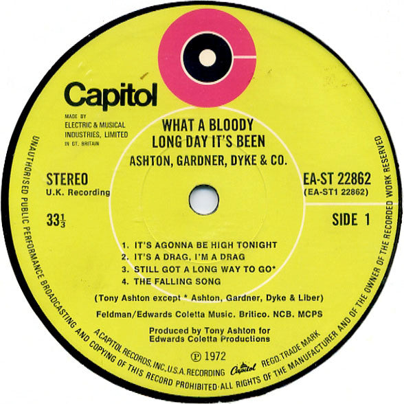 Image of Label Cover of LP - VG+/EX - ASHTON, GARDNER, DYKE & CO., What A Bloody Long Day It's Been (Capitol Records ; EA-ST 22862, UK 1972, Textured Gatefold Sleeve), Company Inner, - 2326129E