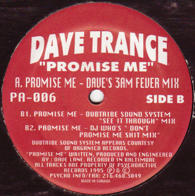 Image of Back Cover of 12" - /G+ - DAVE TRANCE, Promise Me (Psychoactive; PAP 006, Canada 1995), , - 2346202S