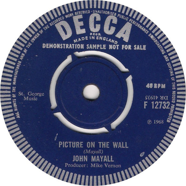 Image of Back Cover of 7" - /VG - JOHN MAYALL, Jenny / Picture On The Wall (Decca; F 12732, UK 1968, Promo), Sticker on Label, - 2356298S