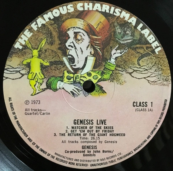 Image of Label Cover of LP - VG/VG+ - GENESIS, Genesis Live (Charisma Large Hatter Labels; CLASS 1, UK 1973), Light sleeve wear, Clean disc. , - 2316476C