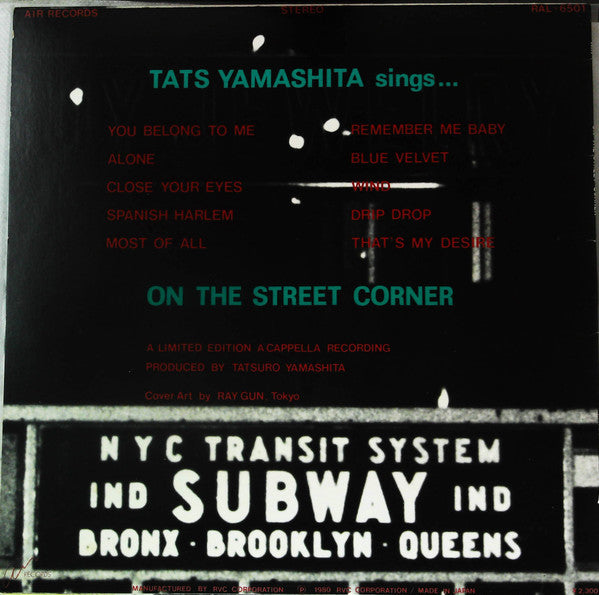 Image of Back Cover of LP - VG+/VG+ - TATS YAMASHITA, On The Street Corner (Air Records; RAL-6501, Japan 1980, 2 Inserts), , - 2326306E