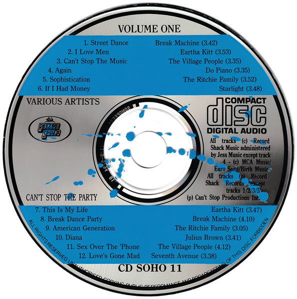 Image of Label Cover of CD - VG+/VG+ - VARIOUS, Can't Stop The Party Volume One (Record Shack Records; CD SOHO 11, UK 1986, Jewel Case), , - 2336230E