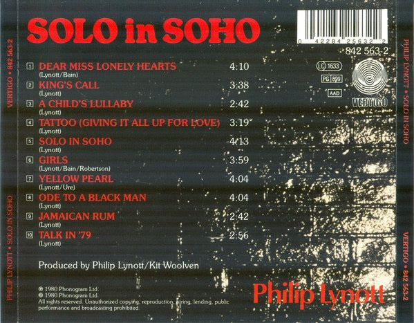 Image of Back Cover of CD - VG+/VG+ - PHILIP LYNOTT, Solo In Soho (Vertigo; 842 563-2, UK & Europe 1990 Reissue, Jewel Case), , - 2316573C