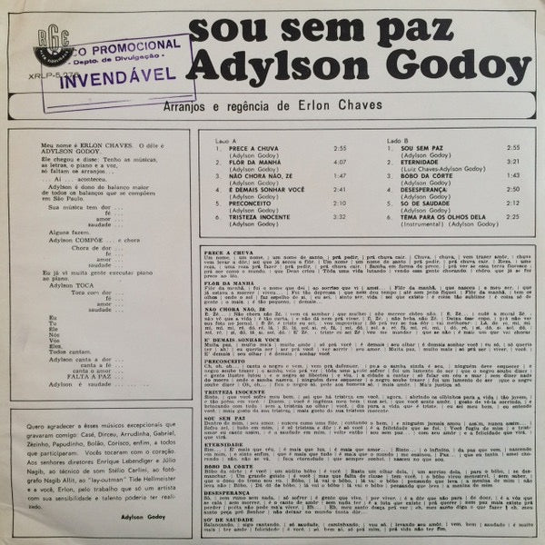 Image of Back Cover of LP - G+/VG - ADYLSON GODOY, Sou Sem Paz (RGE; XRLP-5.276, Brazil 1965, Pasted Sleeve), Glue stains to sleeve. Disc is dull coloured but plays fine., - 2416018C
