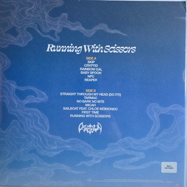 Image of Back Cover of LP - EX/VG+ - CAVETOWN, Running With Scissors (Futures Music Group; 8704694035, Europe 2026, Inner, Poster, Limited To 750 On Blue With Black Splatter Vinyl), Still In Opened Shrinkwrap With Hype Sticker. Slight Warp, Does Not Effect Play., - 2416036C