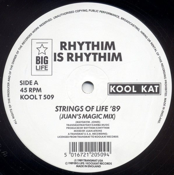 Image of Label Cover of 12" - VG/VG - RHYTHIM IS RHYTHIM, Strings Of Life '89 (Kool Kat; KOOL T509, UK 1989 Reissue, Picture Sleeve), Light marks on vinyl and small bump on B side doesn't affect playing, plays VG/VG+. Sleeve in strong VG., - 2446010S