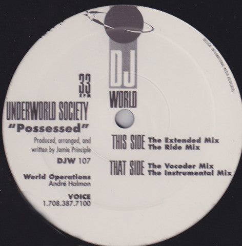 Image of Front Cover of 12" - /VG+ - UNDERWORLD SOCIETY, Possessed (D.J. World Records ; DJW 107, US 1992), one light mark - still VG+, - 2446064S