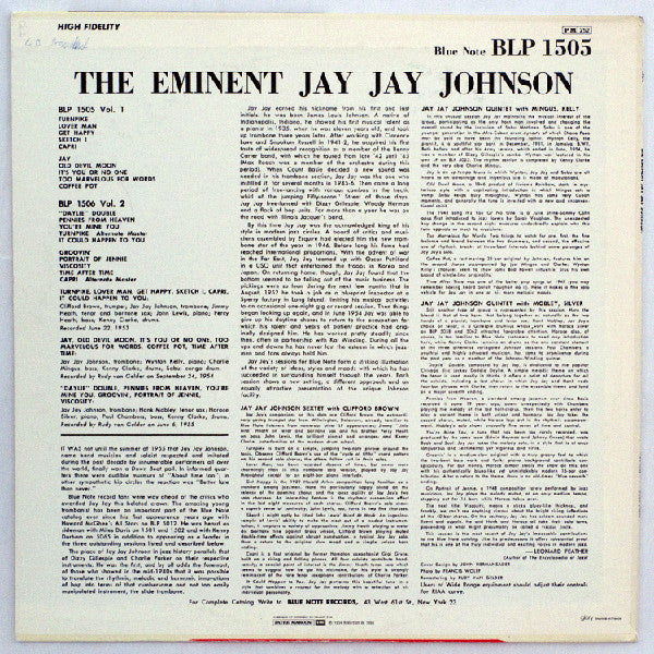 Image of Back Cover of LP - VG/VG+ - JAY JAY JOHNSON, The Eminent Jay Jay Johnson Volume 1 (Blue Note; BLP 1505, France 1983), Sleeve close to VG+, only general signs of wears on front cover., - 2246136S