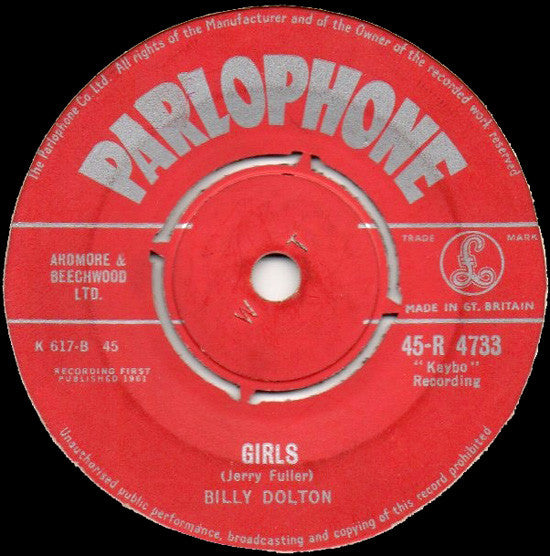 Image of Back Cover of 7" - VG/VG - BILLY DOLTON, Winkie Doll / Girls (Parlophone ; 45-R 4733, UK 1961, Company Sleeve), , - 2326181E