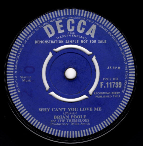 Image of Back Cover of 7" - VG/VG+ - BRIAN POOLE AND THE TREMELOES, Do You Love Me / Why Can't You Love Me (Decca ; F.11739, UK 1963, A Label Demo, Company Sleeve), , - 2426192E