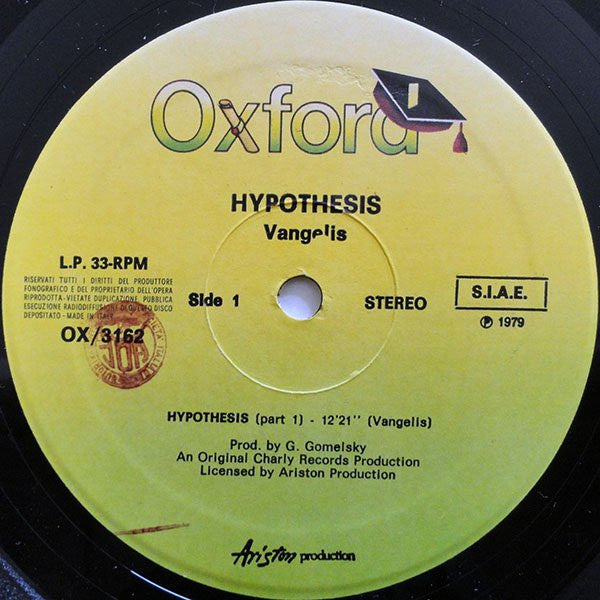 Image of Label Cover of LP - VG/VG+ - VANGELIS, Hypothesis (Oxford; OX/3162, Italy 1980 Reissue), Edge and Ring Wear, - 2446133S