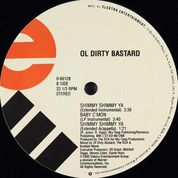 Image of Label Cover of 12" - VG/VG+ - OL' DIRTY BASTARD, Shimmy Shimmy Ya / Baby C'Mon (Elektra; 0-66128, US 1995, Stickered Plain Sleeve, Black Inner, Circular sticker version), Sleeve worn with light damage at edges and opening, - 3416361C