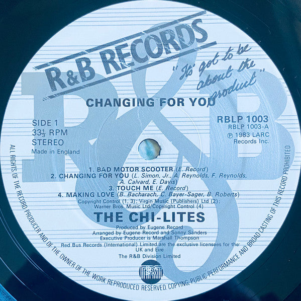 Image of Label Cover of LP - G+/VG - THE CHI-LITES, Changing For You (R & B Records; RBLP 1003, UK 1983), Sleeve worn in places, creased, small areas of damage, - 2416424C