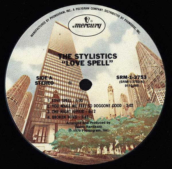 Image of Label Cover of LP - G+/G+ - THE STYLISTICS, Love Spell (Mercury; SRM-1-3753, US 1979, Company Inner), Some notable marks on A-side which look deep but play through fine. Light fogging at edge. Sleeve worn at edges and spine, liquid stained / damaged in a few places and taped over neatly, - 2416468C