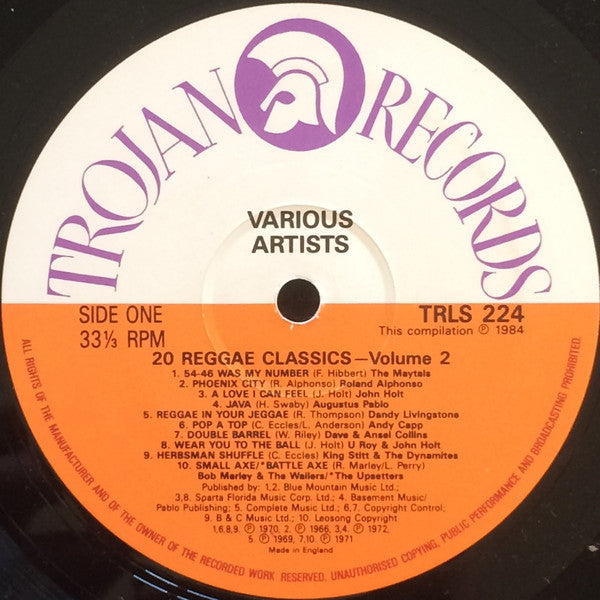 Image of Label Cover of LP - VG/VG+ - VARIOUS ARTISTS, 20 Reggae Classics Volume 2 (Trojan Records; TRLS 224, UK 1980s Reissue), , - 2446237S