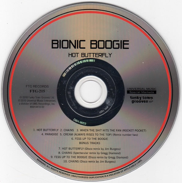 Image of Label Cover of CD - VG+/VG+ - GREGG DIAMOND, BIONIC BOOGIE, Hot Butterfly (Funkytowngrooves; FTG-215, US 2010 Reissue, Jewel Case), , - 2416493C