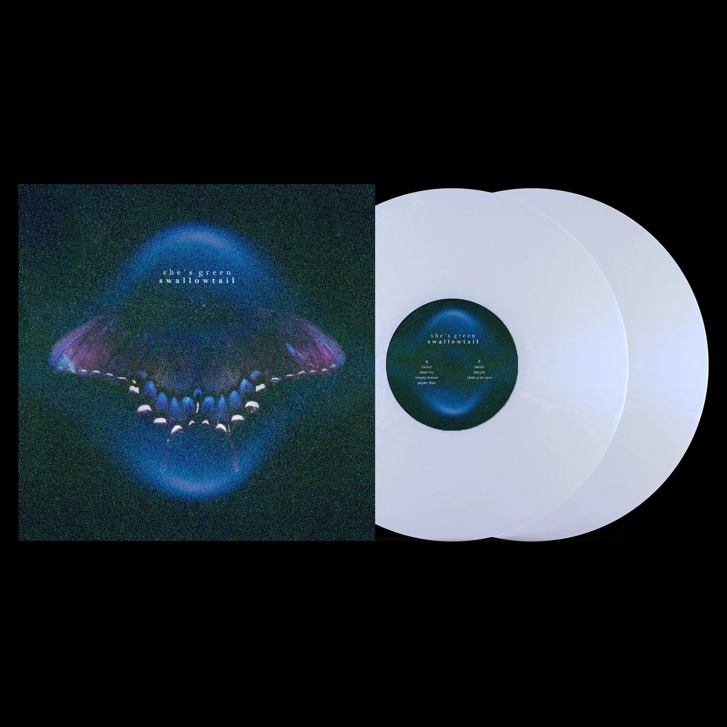 Image of Back Cover of 2xLP - NEW/NEW - SHE'S GREEN SWALLOWTAIL / CHRYSALIS, Swallowtail / Chrysalis (Photo Finish Records; 5547990366, UK 2026, Iridescent White Vinyl), , - 944735C