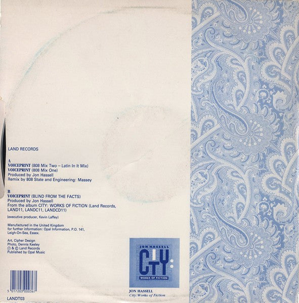 Image of Back Cover of 12" - VG/VG+ - JON HASSELL, Voiceprint (Land Records; LANDT03, UK 1990, Picture Sleeve), , - 2526014E