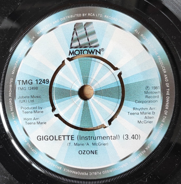 Image of Back Cover of 7" - VG/VG+ - OZONE, Gigolette (Motown; TMG 1249, UK 1981, Company Sleeve), Light marks only. Some wear to company sleeve., - 2526101E