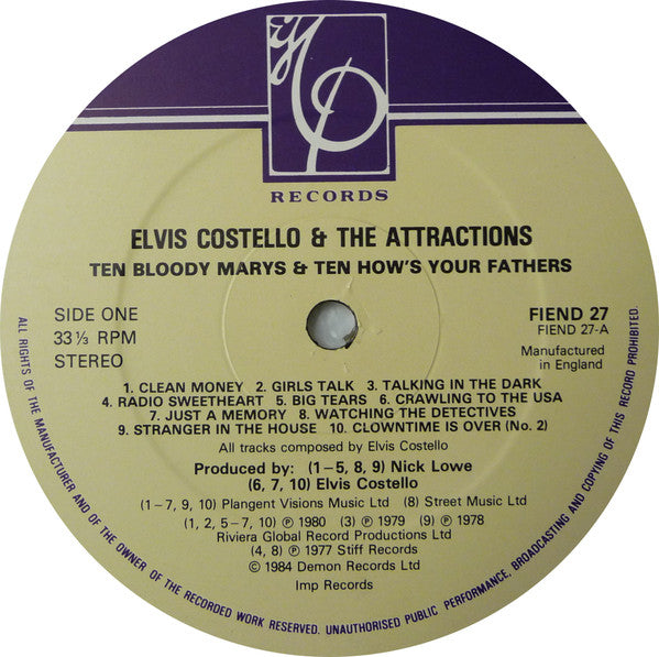 Image of Label Cover of LP - VG+/VG - ELVIS COSTELLO AND THE ATTRACTIONS, Ten Bloody Marys & Ten How's Your Fathers (Imp Records; FIEND 27, UK 1984), , - 2526051E
