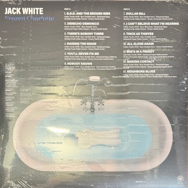 Image of Back Cover of LP - NEW/NEW - JACK WHITE, Frozen Charlotte (Third Man Records; TMR1062LP-C1, Europe 2026, Ice Blue Vinyl), , Frozen Charlotte - the 7th studio album from Jack White shows the Rock and Roll Hall of Famer at his best; backed by an incredible band (Patrick Keeler on drums, Dominic Davis on bass, Bobby Emmett on keys) whose collective hand is scorching hot after coming off a tour of universally-acclaimed performances. Instead of resting on a job well done , they went straight to work in
