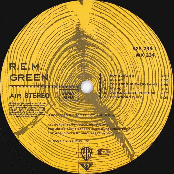 Image of Label Cover of LP - VG+/VG+ - R.E.M., Green (Warner Bros. Records; 925 795-1, Europe 1988, Spot Varnished Sleeve, Two Stickers On Rear, Inner, "Masterdisk" Matrix On A Side, "BN" Matrix On B Side), Strong VG+, Tracklist Sticker Is On Front Sleeve, - 2526182E