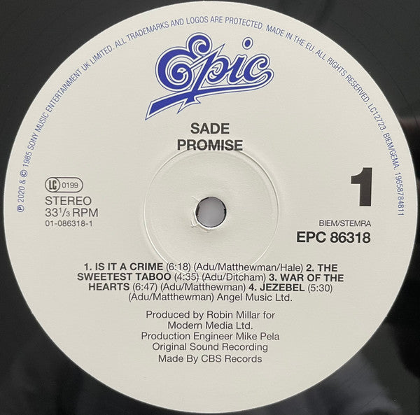 Image of Label Cover of LP - NEW/NEW - SADE, Promise (Epic; 19658784811, UK 2024 Reissue, Gatefold, Half-Speed Mastered, 180g Black Vinyl ), , Sade's second album was released in 1985, and cemented them as a credible and successful band, debuting at the very top of the charts in both the UK and US. In in 1986 won a Grammy for Best New Artist. The album contains the singles 'The Sweetest Taboo', 'Never As Good As the First Time' and 'Is It a Crime'. - 2516294C