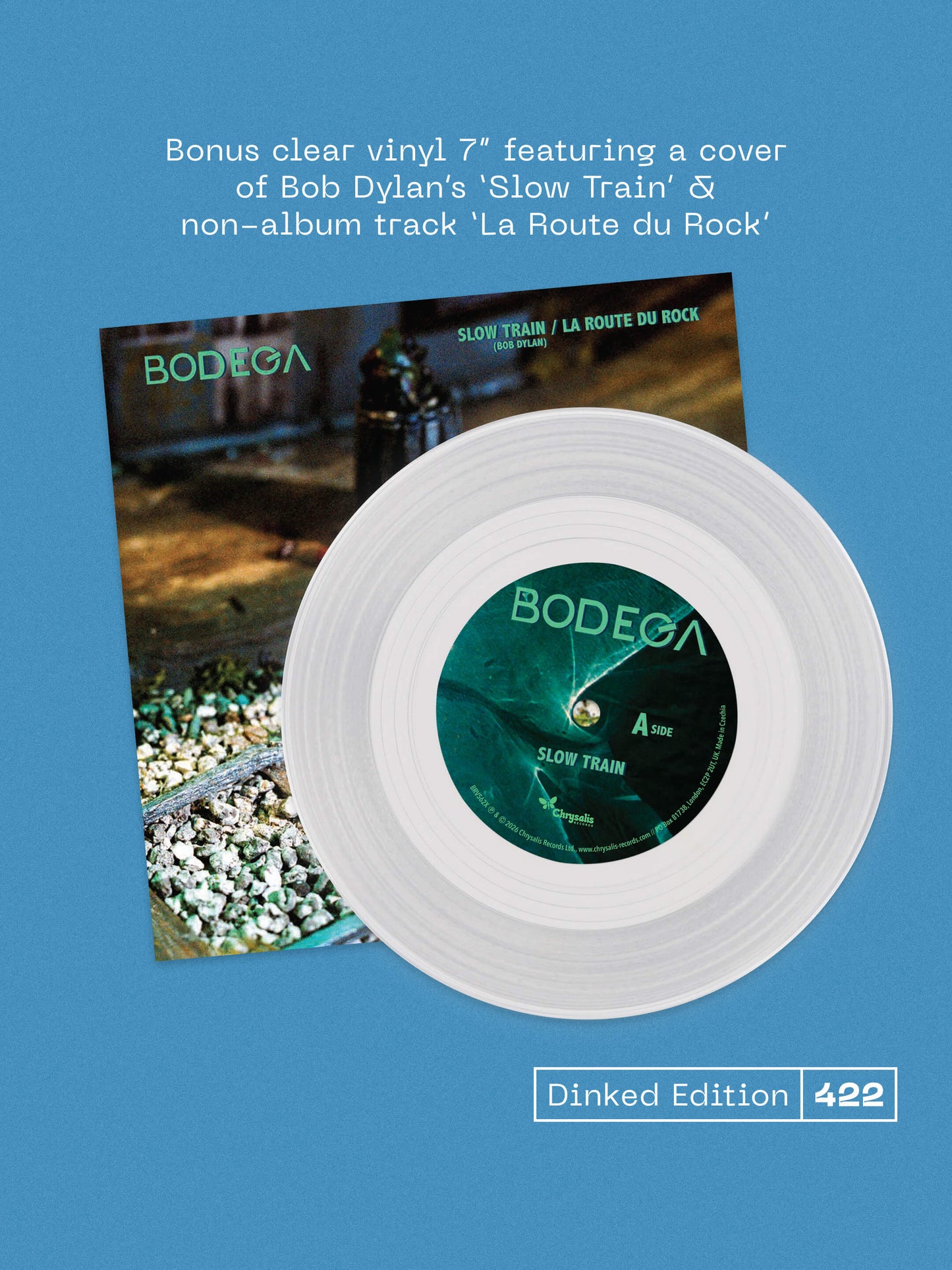 Image of Label Cover of LP - NEW/NEW - BODEGA, All Inside Aquarium - Dinked Edition (Chrysalis; BRV562X, Europe 2026, 20 Page Booklet, A6 Art Card, Dinked Edition No. 422, Cloudy Sea Blue & Transparent Light Blue Vinyl, Bonus clear vinyl 7” featuring a cover of Bob Dylan’s ‘Slow Train’ & non-album track ‘La Route du Rock’), , BODEGA’s upcoming brand-new album ‘All Inside Aquarium’ sees the band expanding far beyond their minimalist post-punk origins towards soaring anthemic rock, sans the ‘indie’. The group