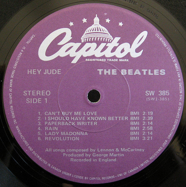 Image of Label Cover of LP - VG/VG - THE BEATLES, Hey Jude (Capitol Purple; SW 385, Canada 1980 Reissue), , - 2526331E