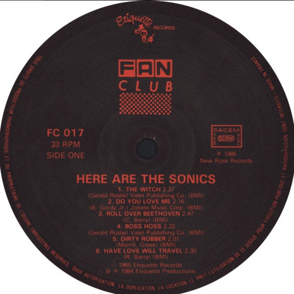 Image of Label Cover of LP - VG/VG - THE SONICS, Here Are The Sonics (Fan Club; FC 017, France 1986 Reissue, MU219 On Rear Sleeve, Inner), , - 2516393C