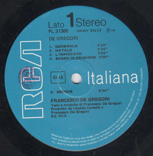 Image of Label Cover of 12" - VG/VG - FRANCESCO DE GREGORI, De Gregori (RCA; PL 31366, Italy 1978, Inner), , - 2546276S