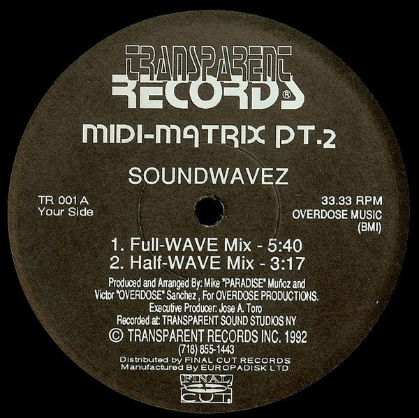 Image of Front Cover of 12" - /VG+ - MIDI-MATRIX, Soundwavez Pt. 2 (Transparent Records; TR 001, US 1992), , - 2546322S