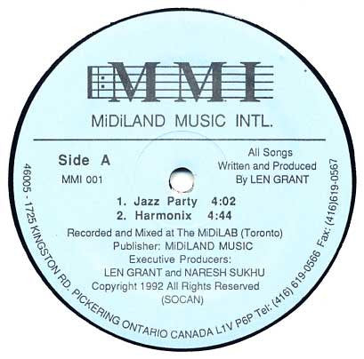 Image of Front Cover of 12" - /VG - LEN GRANT, Jazz Party (MMI (MiDiLand Music In; MMI 001, Canada 1992), Light marks and couple small bumps. Plays Great., - 2546326S