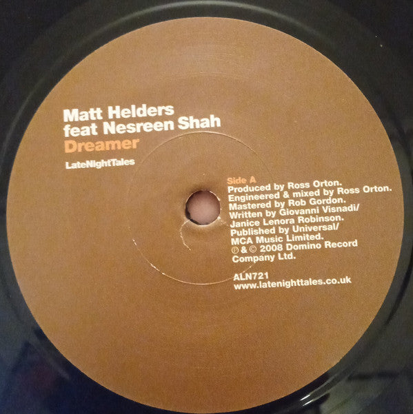 Image of Label Cover of 7" - VG/VG+ - MATT HELDERS FEATURING NESREEN SHAH /ALEX TURNER, Dreamer / Choice Of Three (Azuli Records ; ALN721, UK 2008, Picture Sleeve, Stickered Sleeve, Limited To 1000), Sleeve has light sticker damage. , - 4216154C
