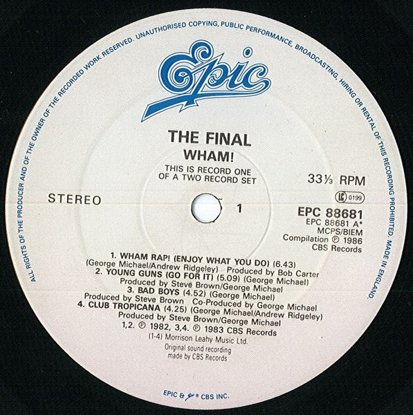Image of Label Cover of 2xLP - VG+/VG+ - WHAM!, The Final (Epic; 88681, UK 1986, 2 Inners & Insert, Poster), , - 3546019S