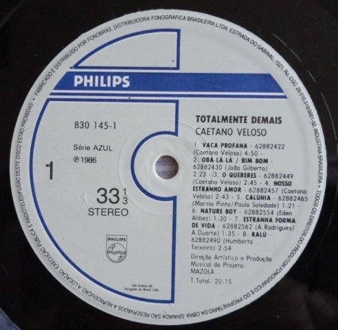 Image of Label Cover of LP - VG/VG - CAETANO VELOSO, Totalmente Demais (Philips; 830145-1, Brazil 1986), Superficial storage marks to disc., - 2616015C