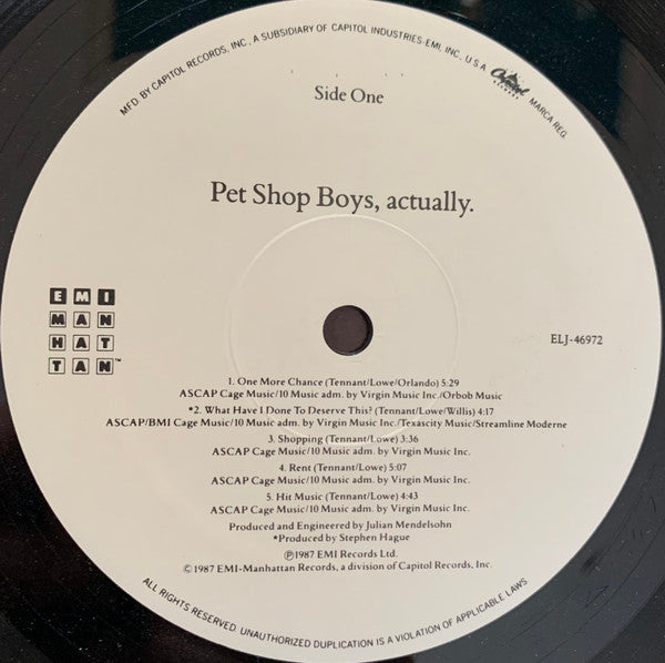 Image of Label Cover of LP - VG/VG - PET SHOP BOYS, Actually (EMI-Manhattan Records; ELJ-46972, US 1987, Inner), Light hairlines. Discolouration of sleeve. , - 2626003E