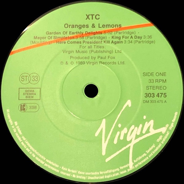 Image of Label Cover of 2xLP - VG+/G+ - XTC, Oranges & Lemons (Virgin; 303 477, Europe 1989, 2 Inners), , - 2616051C