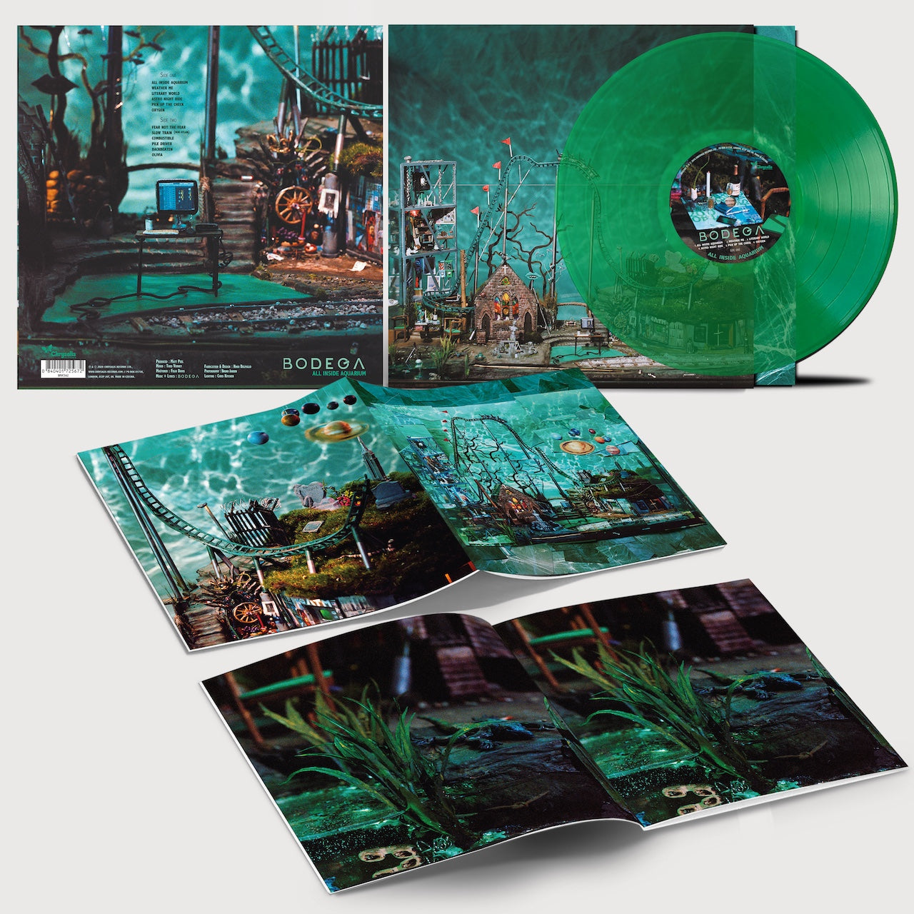 Image of Front Cover of LP - NEW/NEW - BODEGA, All Inside Aquarium (Chrysalis; BRVC562, Europe 2026, Transparent Green Vinyl ), , BODEGA’s upcoming brand-new album ‘All Inside Aquarium’ sees the band expanding far beyond their minimalist post-punk origins towards soaring anthemic rock, sans the ‘indie’. The group’s goal was, “Let’s go back to melodic tunes, let’s be more of a proper rock band,” Hozie explains. Sonically, the band aimed for “this late ’80’s / early 90’s Stone Roses-meets-Janes Addiction thin