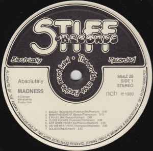 Image of Label Cover of LP - VG/VG+ - MADNESS, Absolutely (Stiff Records; SEEZ 29, Scandinavia 1980, Inner), Edge Wear, - 2646018S
