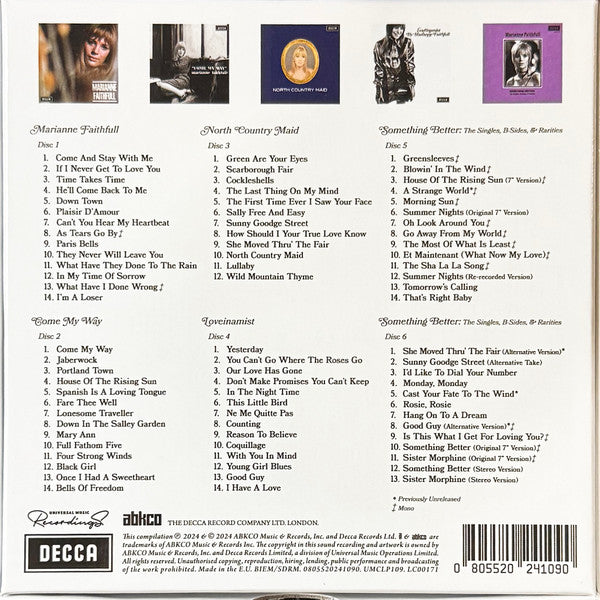 Image of Back Cover of 6xCD - VG+/EX - MARIANNE FAITHFULL, Cast Your Fate To The Wind (The Complete UK Decca Recordings 1964-1969) (Decca; UMCLP109, Europe 2025, Box Set, Book, 5 Cards), , - 2636072E