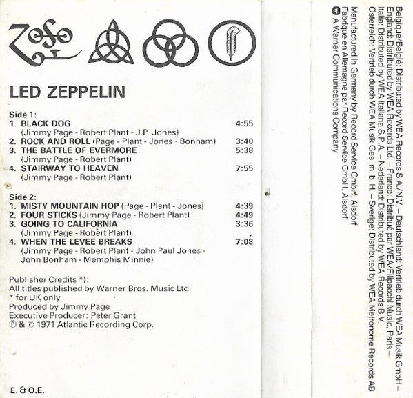 Image of Back Cover of Cassette - VG+/VG+ - LED ZEPPELIN, Untitled (Atlantic; K 450 008, Europe , Clear cassette shell), , - 2636057E