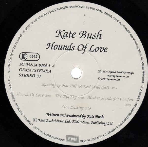 Image of Label Cover of LP - VG+/VG - KATE BUSH, Hounds Of Love (EMI; 1C 062-24 0384 1, Europe 1985, Inner), Light hairlines., - 2626123E