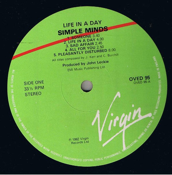 Image of Label Cover of LP - VG/VG - SIMPLE MINDS, Life In A Day (Virgin Green/Red; OVED 95, UK 1982 Reissue, "VM 6" Printed On Rear & Spine (No OVED Sticker)), , - 2616162C