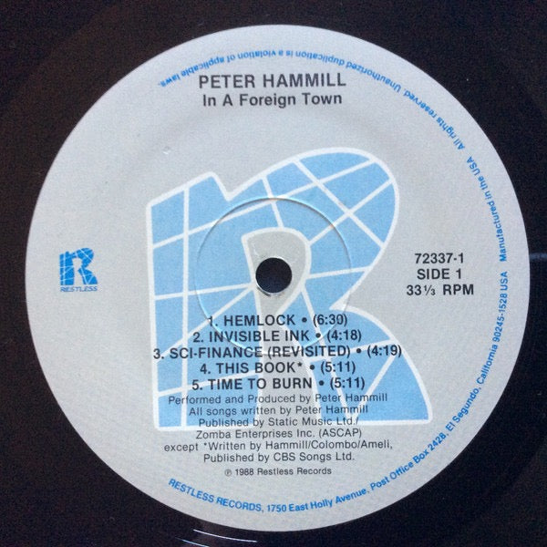 Image of Label Cover of LP - VG+/VG - PETER HAMMILL, In A Foreign Town (Restless Records; 72337-1, US 1988, Insert, Van Der Graaf Generator), Some light fogging on vinyl., - 2616190C
